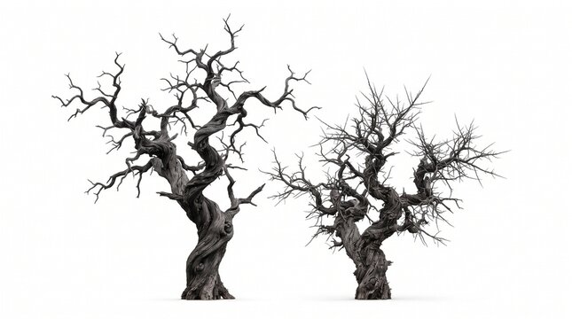 Silhouette of two bare winter trees isolated on white background for design projects