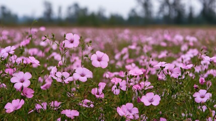 Fototapeta premium A serene field of pink flax flowers swaying gently in soft natural light with blurred background trees