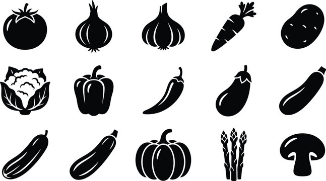 Collection of various farm fresh vegetable silhouettes and icons