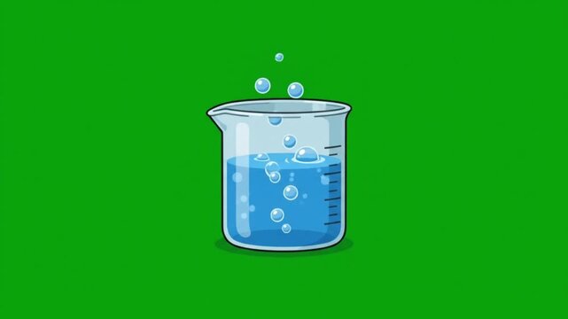 Glass beaker with blue liquid and bubbles on green background