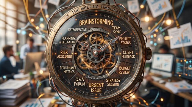 detailed Macro photo of clock displaying meeting topics 2k showing abstract micro structural details and textures with professional studio lighting