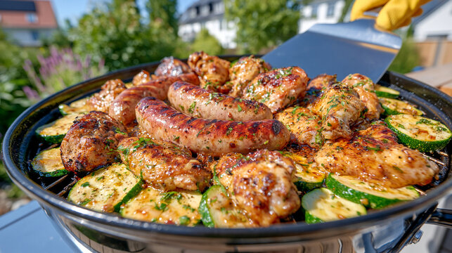 Bright summer backyard barbecue with a round charcoal grill full of sizzling bratwurst, chicken wings and zucchini slices, yellow gloved hand cleaning the cast iron grate using a broad stainless ste