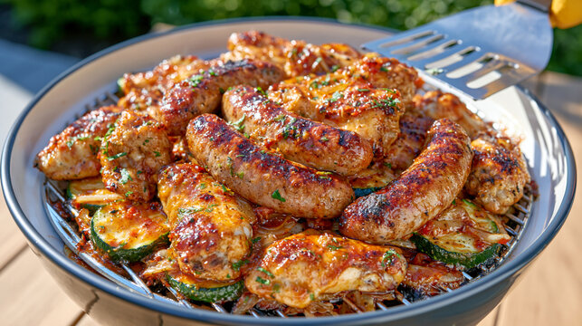 Bright summer backyard barbecue with a round charcoal grill full of sizzling bratwurst, chicken wings and zucchini slices, yellow gloved hand cleaning the cast iron grate using a broad stainless ste