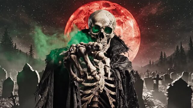 Scary Skeleton Grim Reaper Halloween Cemetery Red Moon Spooky Atmosphere