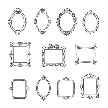 Vintage frame set with hand drawn decorative oval, square and rectangular borders, ornamental outline frames, retro labels and doodle design elements isolated on white background.