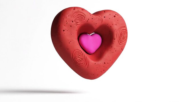 3D animated red clay heart with a pink center rotating on a white background