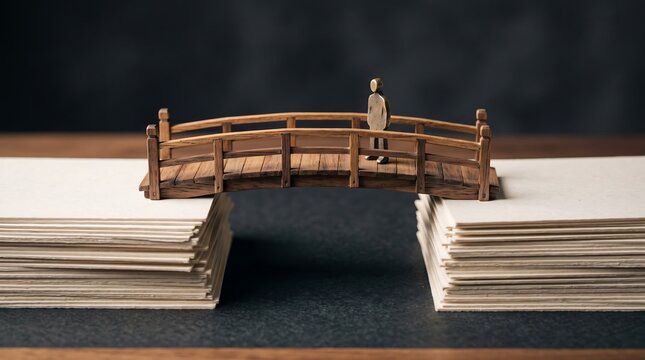 Small wooden bridge connecting two stacks of white paper