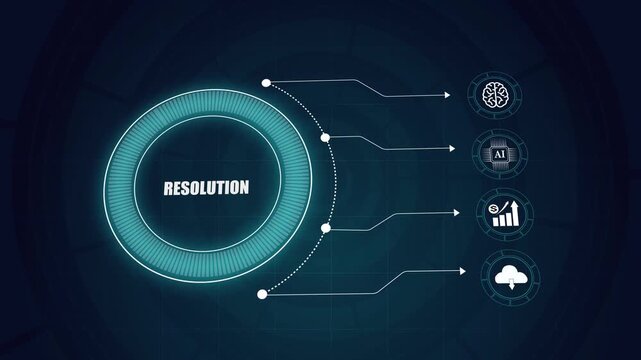 Business problem resolution concept infographic, digital artificial intelligence solution interface, smart analytics network background.