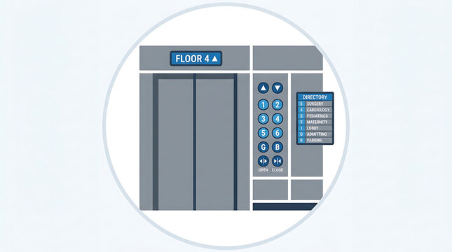 Modern elevator doors and control panel showing floor indicator and directory