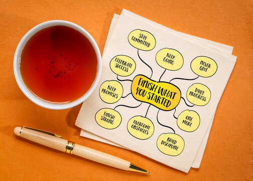 Finish what you started. Starting something is exciting. Finishing it is what creates lasting results. Mind map illustration.