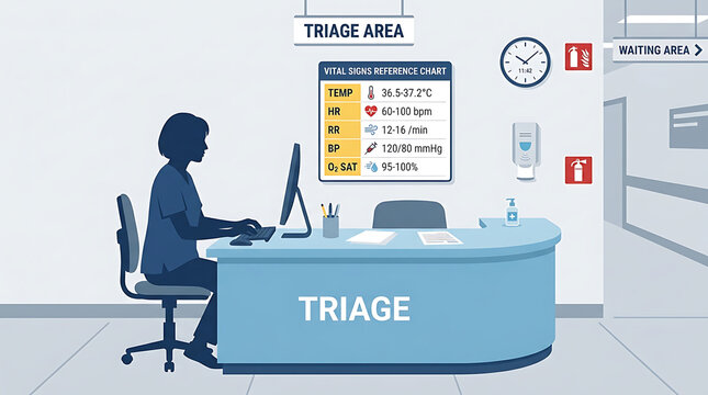 Nurse working at a triage desk in a hospital setting with vital signs reference chart and computer