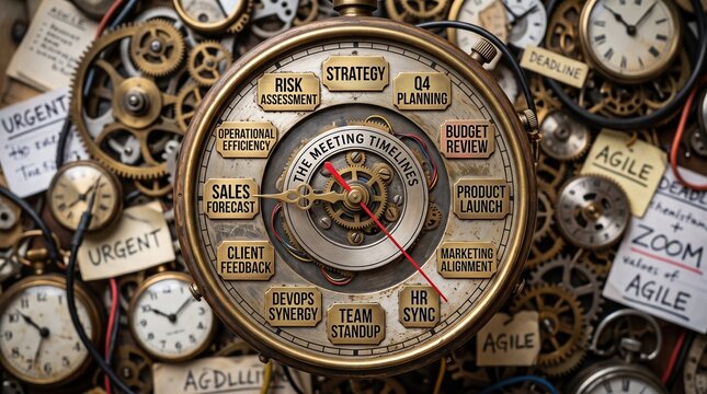 detailed Macro photo of clock displaying meeting topics 2k showing abstract micro structural details and textures with professional studio lighting