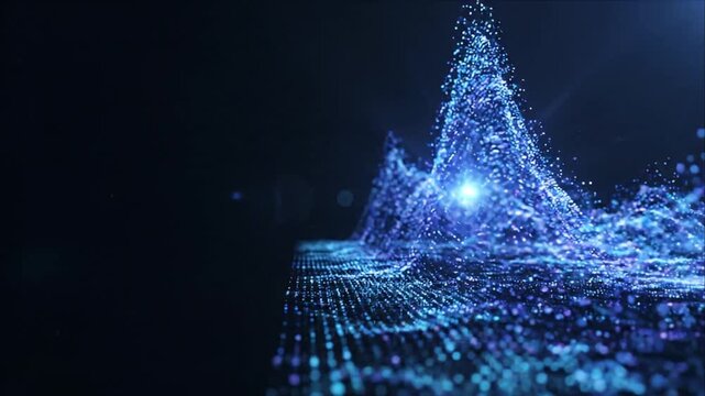 Abstract Blue Light Christmas Tree Particle Background with Glowing Digital Wave, Sparkling Atmosphere, Futuristic Landscape and Dark Copy Space for Seasonal Technology Design