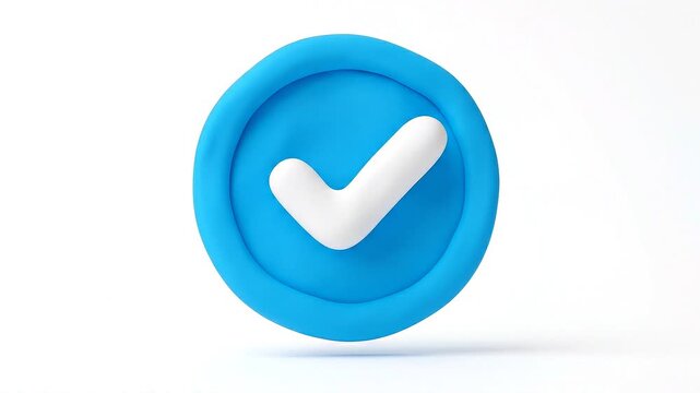 3D animated blue clay checkmark button floating on a white background