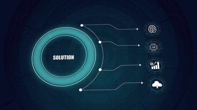 Digital business solution infographic with artificial intelligence icons, modern analysis interface, futuristic cloud computing diagram.