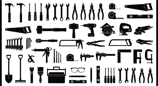 Collection Of Black Tool Silhouettes On A White Background Silhouette