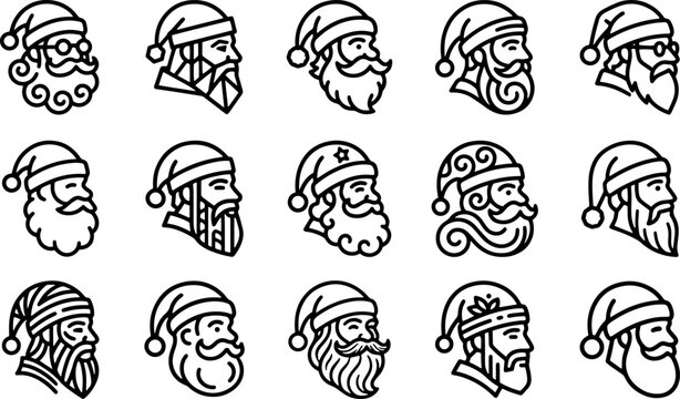 santa claus beard and hat vector line art icon set for christmas and winter designs.