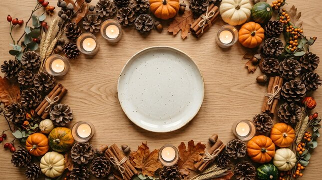 A beautifully arranged thanksgiving tablescape featuring a pristine white plate centered amidst a stunning wreath of autumnal elements including pumpkins pinecones and warm candlelight