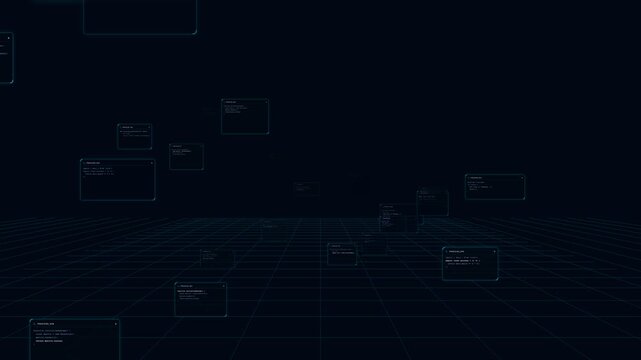 Digital HUD interface with blue glowing data blocks and schematic text processing for futuristic computer scanning display.