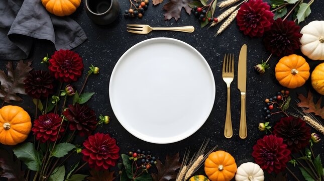 A beautifully set thanksgiving table adorned with pumpkins flowers and golden cutlery anticipates a heartwarming feast with loved ones and cherished traditions