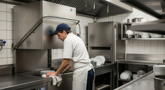 A professional chef in a modern commercial kitchen diligently washing stacks of white plates and utensils under a powerful dishwasher, showcasing a clean, efficient, and well-organized food service.