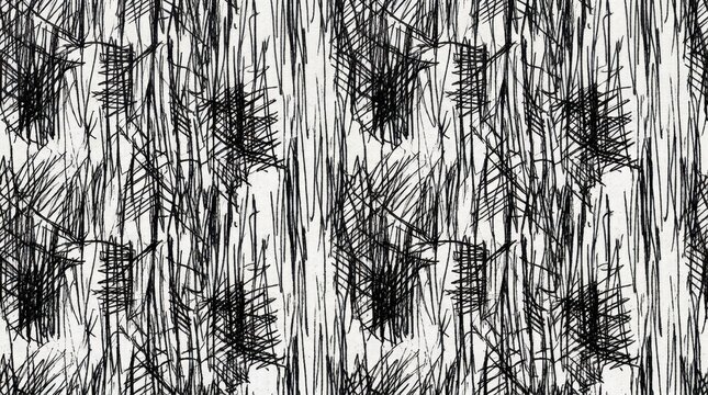 Seamless monochromatic hand drawn scribble pattern, black pencil scratches and vertical cross hatching lines on textured off white paper background for abstract grunge design
