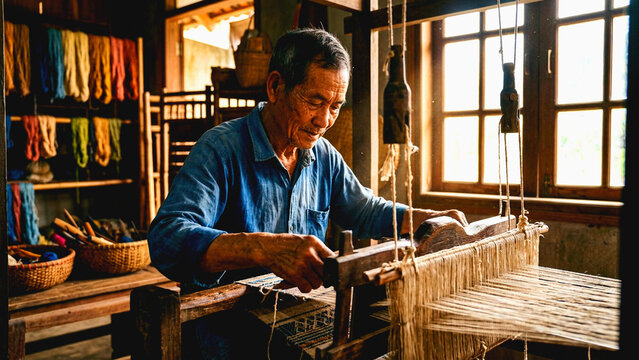 Elderly artisan weaving fabric on a traditional wooden loom