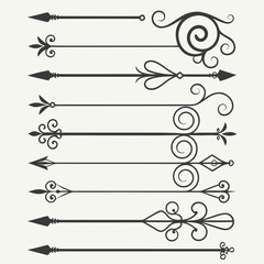 Antique arrow dividers and ornate calligraphic elements for editorial layouts vintage framing and sophisticated typography decoration set of black vector silhouettes. © Nasima