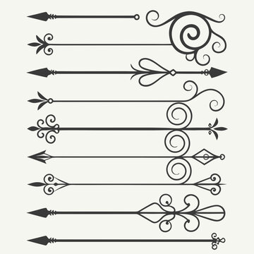 Antique arrow dividers and ornate calligraphic elements for editorial layouts vintage framing and sophisticated typography decoration set of black vector silhouettes.