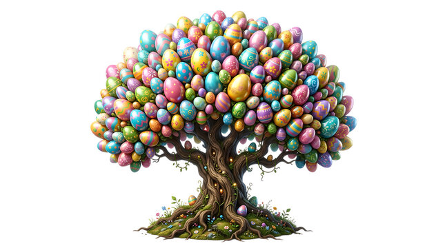 Decorative tree made entirely of colorful painted easter eggs against a white