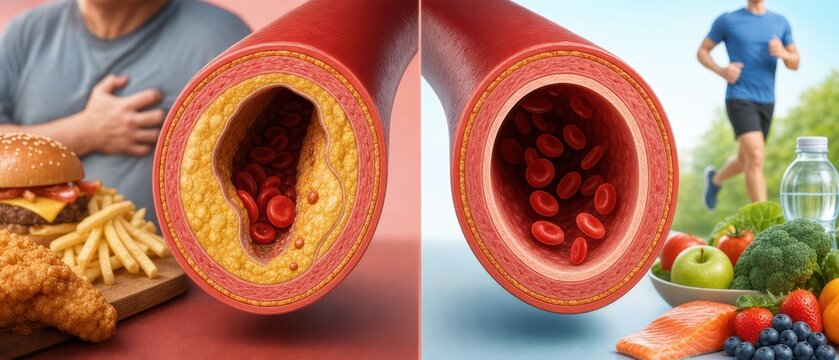 Visual representation of healthy and unhealthy arteries highlighting cholesterol's effect on heart health
