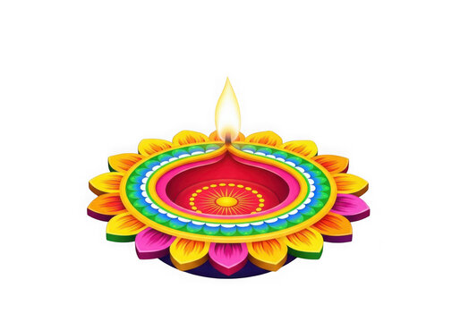 Colorful traditional oil lamp diya for diwali festival celebration with bright flame isolated on transparent background