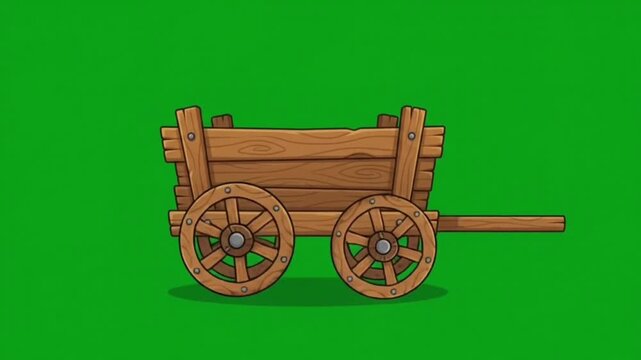 Cartoon wooden wagon on green background for game design and animation assets.