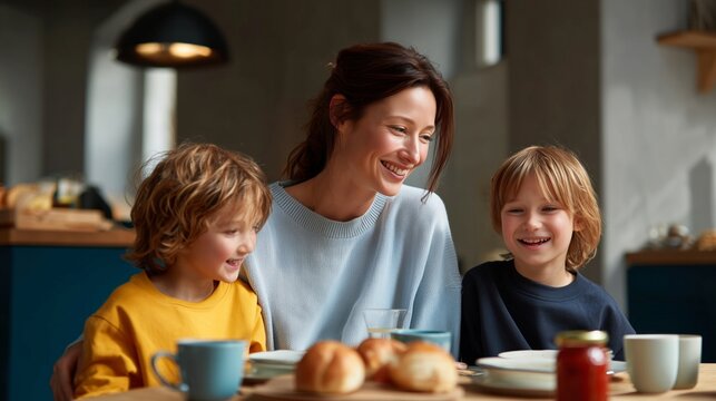 Mother and two boys bonding over breakfast at home, laughing and smiling