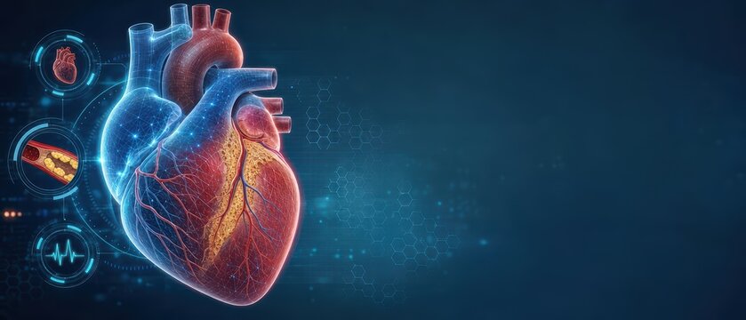 Digital illustration of a heart with vascular system highlighting cholesterol levels and blood circulation