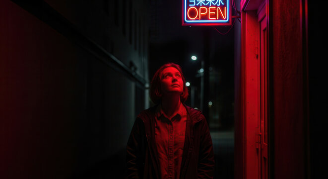 A young woman stands thoughtfully outside a neon-lit restaurant entrance at night, gazing upward with a contemplative expression in a moody urban alleyway, illuminated by red lighting and a glowing.