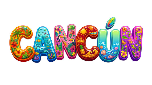 Colorful 3D lettering typography spelling cancun decorated with tropical