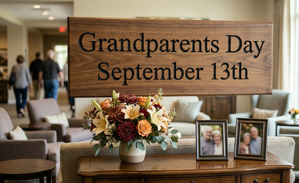 Grandparents Day September 13th Wooden Sign with Floral Arrangement and Photo Frames