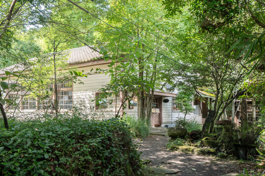 木々に囲まれた旧洋裁女学校跡地の木造校舎を利用したカフェ