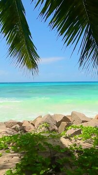 Vertical view of Anse Kerlan beach in Seychelles showing turquoise water, white sand, granite rocks and lush tropical coastal vegetation.