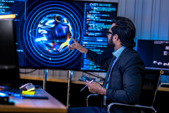 Technical expert visualizing algorithmic data patterns and machine learning datasets using tablet-based digital modeling tools in a tech hub.