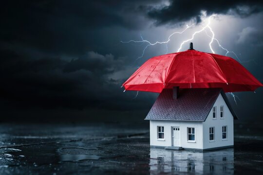 House protected by a red umbrella during storm