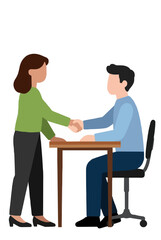 Obraz premium Flat vector illustration of two businesspeople shaking hands across a desk, symbolizing agreement, partnership, successful meeting, deal closing, corporate handshake greeting, and professional