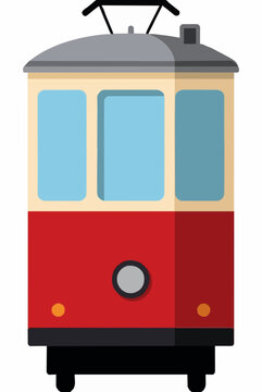 Vintage red and cream trolley cable car flat vector icon illustration featuring overhead pantograph collector, large rounded windows, headlamp, and urban transit design for graphic resources