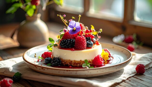 白い皿に盛られたベリーとすみれの花を飾ったレアチーズケーキ