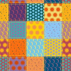 Naklejka premium Seamless patchwork pattern with stitched fabric squares, stars and celestial sun motifs, cozy handmade design for textiles and crafts