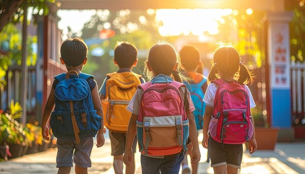 Happy elementary school children entering the school gate on a sunny morning. Excitement, education, learning, and back to school concept with authentic childhood emotions.