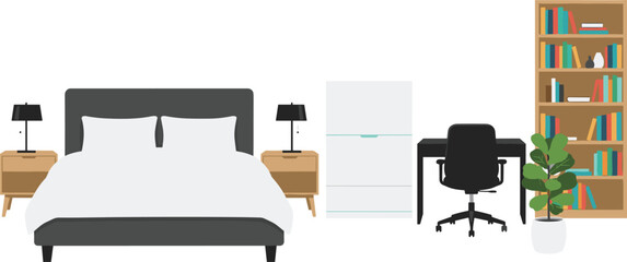 Modern bedroom interior vector illustration with double bed desk and bookshelf furniture © moshaharul