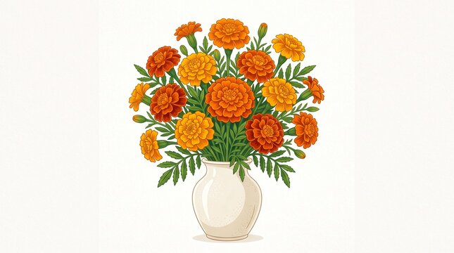 Marigold bouquet vector illustration of orange and yellow flowers in a vase for autumn and Day of the Dead designs