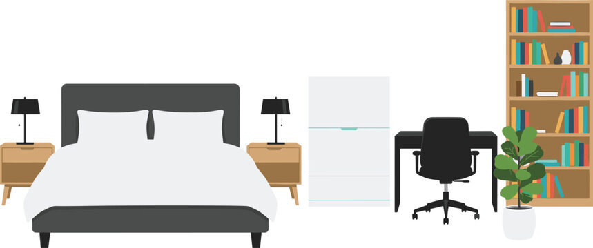 Modern bedroom interior vector illustration with double bed desk and bookshelf furniture